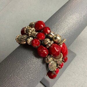 Triple Strand Stretch Bracelet Red Silver Chunky Retro Vintage Statement Faceted
